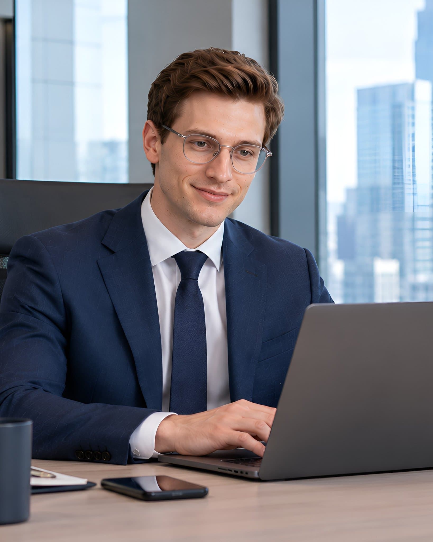 Etan at his desk, smiling at a laptop