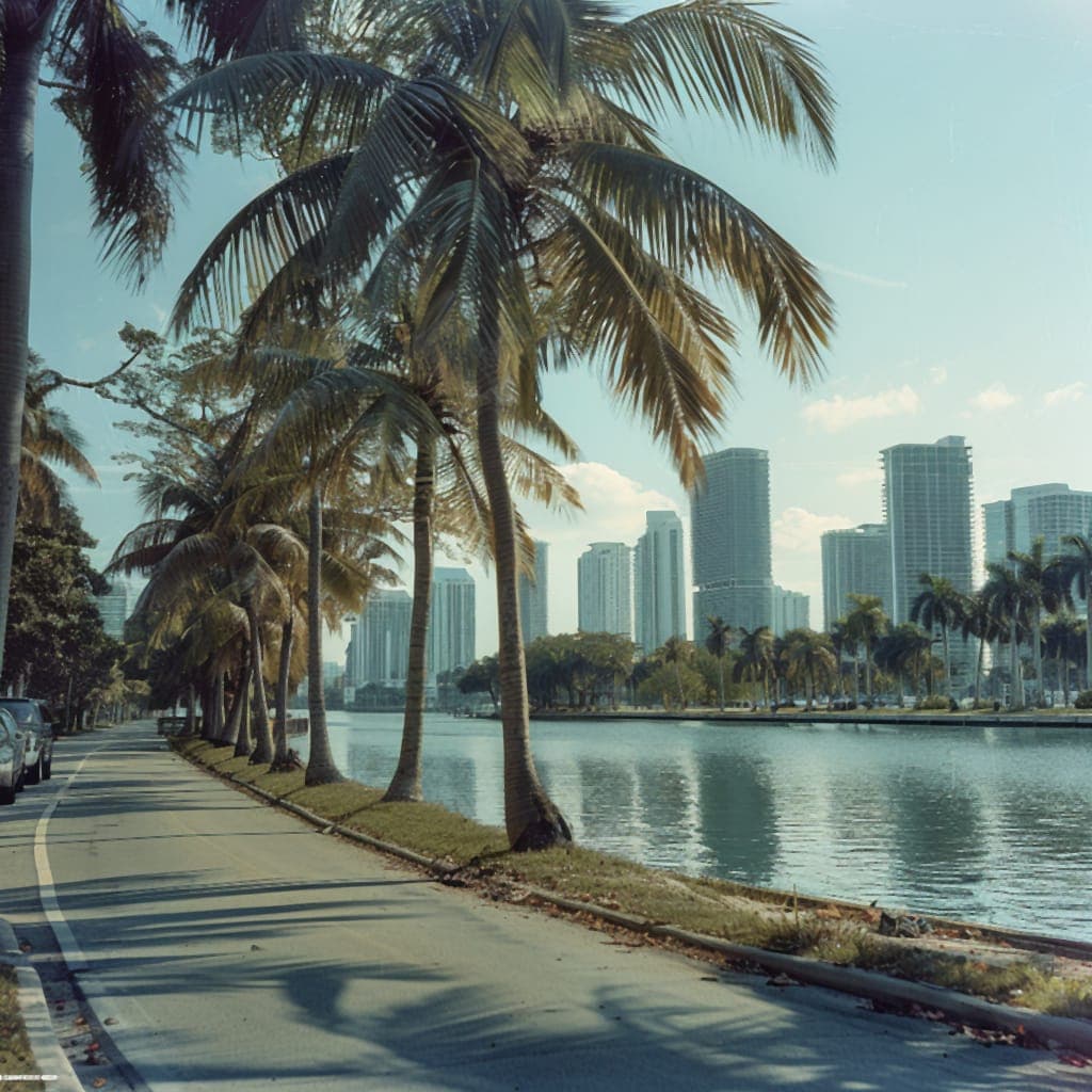 City towers by the water with palm trees