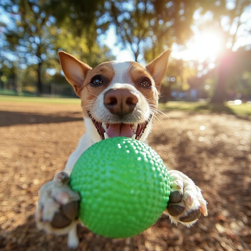 A happy dog with a green ball in a park