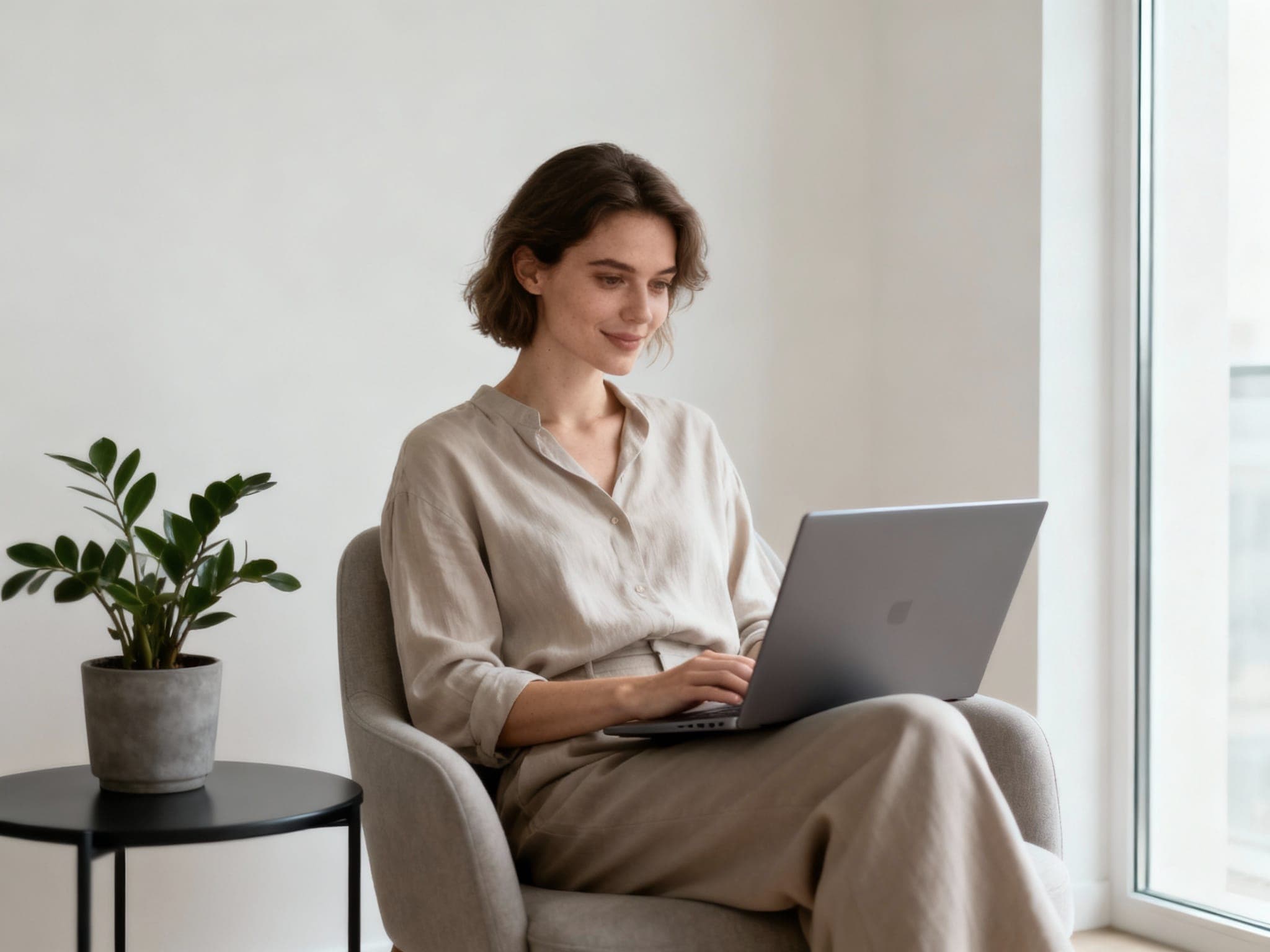 A woman working on a laptop at home