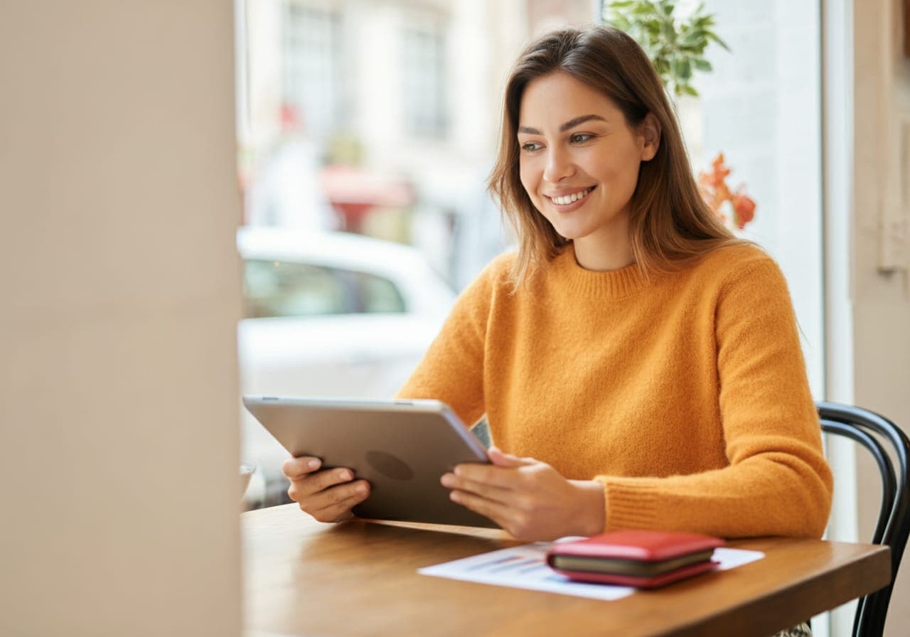 A woman checks a tablet at a café table
